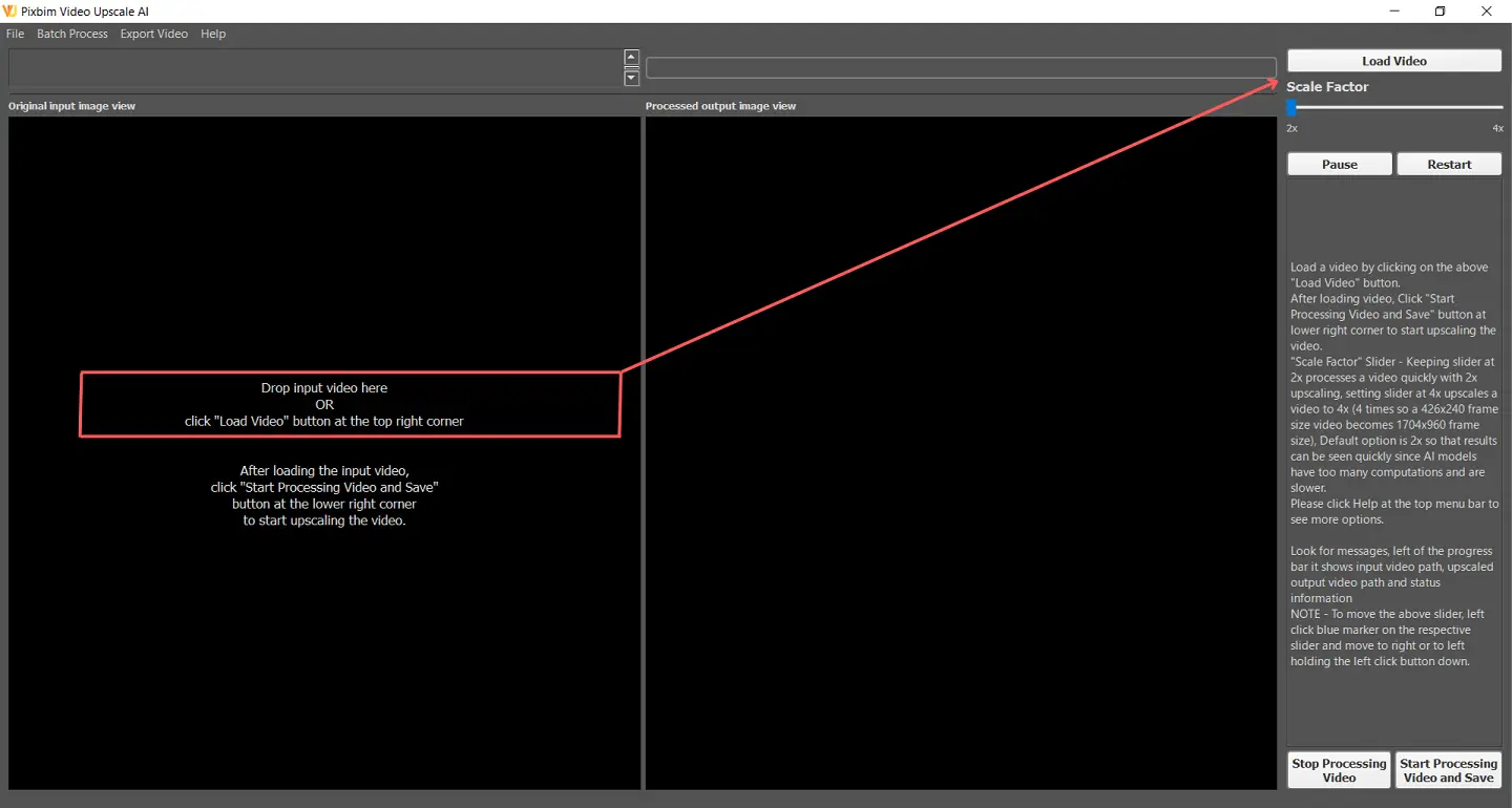 Screenshot shows how to load the Video in Pixbim Video Upscale ai